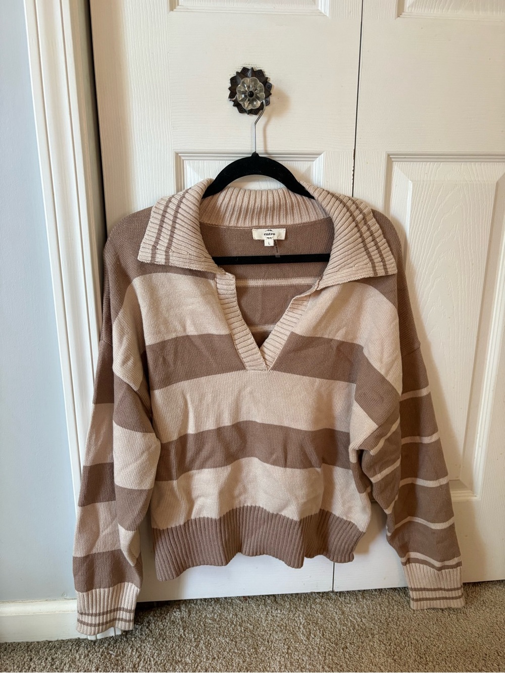 entro Taupe & Cream Striped V-Neck Collared Sweater